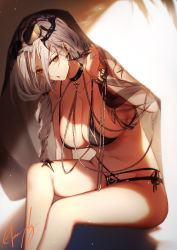 Rule 34 | 1girl, bare shoulders, bikini, black bikini, bracelet, breasts, carmilla (fate), carmilla (swimsuit rider) (fate), carmilla (swimsuit rider) (third ascension) (fate), chain, cleavage, collarbone, curly hair, earrings, eyewear on head, fate/grand order, fate (series), genyaky, highres, jewelry, large breasts, long hair, looking at viewer, open mouth, panties, parted bangs, see-through, side ponytail, silver hair, sitting, sunglasses, swimsuit, thighs, underwear, veil, yellow eyes
