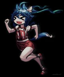 Rule 34 | &gt; &lt;, 1girl, ahoge, animal ears, artist name, black background, blue hair, blue tail, blurry, clenched hands, closed eyes, commentary, floating hair, full body, gym uniform, hair between eyes, hair flaps, hair ribbon, hand up, horse ears, horse girl, horse tail, long hair, makaroll, motion blur, open mouth, original race uniform (umamusume), race bib, red footwear, red shorts, ribbon, running, sharp teeth, shirt, shoes, short shorts, short sleeves, shorts, simple background, solo, standing, standing on one leg, tail, teeth, twin turbo (umamusume), umamusume, white ribbon, white shirt