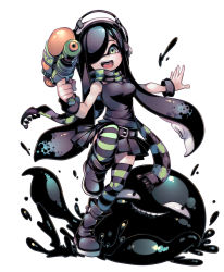 Rule 34 | 1girl, :d, aria wintermint, bad id, bad tumblr id, bare shoulders, belt, black footwear, black hair, black scarf, black skirt, black thighhighs, boots, commentary, cosplay, goth fashion, green eyes, green scarf, green thighhighs, gug, hair over one eye, highres, inkling (cosplay), inkling player character, long hair, miniskirt, nintendo, open mouth, paint splatter, parororo, pleated skirt, scarf, simple background, skirt, smile, smirk, splatoon (series), splatoon 1, splattershot (splatoon), standing, standing on one leg, striped clothes, striped scarf, striped thighhighs, super soaker, tentacle hair, the crawling city, thighhighs, weapon, white background, zettai ryouiki