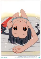 Rule 34 | 1girl, 2011, :o, absurdres, armpits, black hair, blush, brown eyes, dated, errant, forehead, highres, k-on!, long hair, looking at viewer, lying, nakano azusa, on back, open mouth, solo, swimsuit, twintails, upside-down