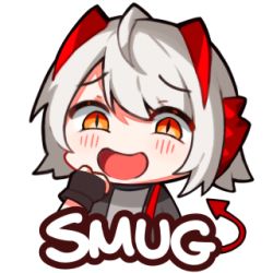Rule 34 | 1girl, ahoge, arknights, black gloves, black jacket, blush, chibi, demon girl, demon horns, demon tail, english text, fingerless gloves, gloves, grey hair, grey shirt, greypidjun, hand up, horns, jacket, laughing, looking at viewer, lowres, open clothes, open jacket, open mouth, orange eyes, shirt, short hair, short sleeves, simple background, smug, solo, tail, transparent background, upper body, w (arknights)