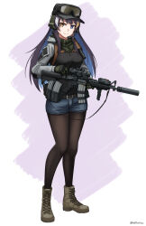 Rule 34 | 1girl, absurdres, assault rifle, black gloves, black hair, black headwear, blue eyes, blue hair, blue shorts, boots, breasts, brown eyes, brown footwear, brown pantyhose, closed mouth, commentary request, commission, cross-laced footwear, ear protection, gloves, goggles, goggles on headwear, grey shirt, gun, headset, heterochromia, highres, holding, holding gun, holding weapon, lace-up boots, pantyhose under shorts, long sleeves, looking at viewer, m4 carbine, medium breasts, mk 18 carbine, multicolored hair, ndtwofives, original, pantyhose, rifle, shirt, short shorts, shorts, smile, solo, two-tone hair, weapon