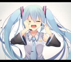 Rule 34 | 1girl, aqua hair, bad id, bad pixiv id, blush, crying, detached sleeves, fingernails, hatsune miku, highres, hiiragi souren, letterboxed, long hair, nail polish, necktie, open mouth, solo, twintails, very long hair, vocaloid