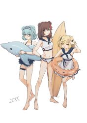 Rule 34 | 3girls, ;d, animal ears, arknights, arm up, bare arms, bare legs, bare shoulders, barefoot, bear ears, bikini, bikini skirt, blonde hair, blue eyes, blue hair, blue sailor collar, blue skirt, breasts, brown hair, chinese commentary, commentary request, dated, dress, full body, grin, gummy (arknights), gummy (summer flowers) (arknights), hairband, hand on own hip, highres, holding, inflatable dolphin, inflatable toy, innertube, istina (arknights), looking at viewer, medium breasts, monocle, multicolored hair, multiple girls, navel, no headwear, official alternate costume, one eye closed, open mouth, red eyes, sailor collar, short hair, simple background, skirt, sleeveless, sleeveless dress, smile, standing, standing on one leg, stomach, streaked hair, surfboard, swim ring, swimsuit, thigh strap, thighs, white background, white bikini, white dress, ya kexi, yellow eyes, zima (arknights)
