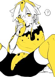 Rule 34 | 1boy, ?, arm support, banana, banana peel, bike shorts, blush, cape, ear blush, food, fruit, highres, licking, male focus, multicolored hair, navel, object on head, original, partially colored, sexually suggestive, shinagire, sitting, solo, spoken question mark, tongue, tongue out