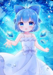 Rule 34 | 1girl, blue bow, blue eyes, blue hair, blush, bow, cirno, coa (chroo x), commentary request, detached wings, dress, fairy, hair between eyes, hair bow, ice, ice wings, looking at viewer, open mouth, short hair, sleeveless, sleeveless dress, smile, solo, touhou, white dress, wings