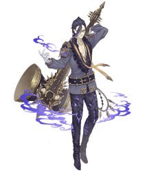 Rule 34 | 1boy, belt, blue hair, cello, dark blue hair, frills, full body, glasses, gloves, gold trim, hair over one eye, hameln (sinoalice), hammer, instrument, ji no, looking at viewer, male focus, official art, serious, sinoalice, solo, transparent background, weapon, weapon on back, white gloves