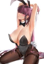 Rule 34 | 1girl, animal ears, areola slip, armpits, arms up, black bow, black bowtie, black leotard, black pantyhose, blush, bow, bowtie, breasts, cleavage, commentary request, covered navel, damda, detached collar, fake animal ears, fate/grand order, fate (series), kneeling, large areolae, large breasts, leotard, long hair, looking at viewer, pantyhose, parted lips, playboy bunny, purple eyes, purple hair, rabbit ears, scathach (fate), simple background, solo, white background