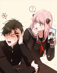 +_+ 1boy 1girl ? aged_up anya_(spy_x_family) black_hair black_serafuku black_shirt blush cellphone closed_eyes damian_desmond hair_between_eyes hairpods highres holding holding_phone long_hair long_sleeves neckerchief open_mouth phone pink_hair red_neckerchief roido_0 school_uniform serafuku shirt short_hair smartphone spy_x_family