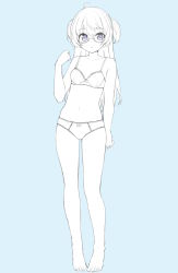 Rule 34 | 1girl, ahoge, amemiya sekira, bare arms, bare legs, bare shoulders, barefoot, blue background, blush, bow, bow bra, bow panties, bra, breasts, collarbone, commentary request, full body, glasses, hair between eyes, hand up, highres, long hair, looking at viewer, monochrome, navel, original, panties, parted lips, sekira ame, semi-rimless eyewear, simple background, small breasts, solo, standing, two side up, under-rim eyewear, underwear, underwear only, very long hair
