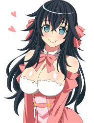 Rule 34 | 10s, 1girl, ahoge, bare shoulders, black hair, blue eyes, blush, bow, bowtie, breasts, cleavage, closed mouth, detached collar, detached sleeves, dress, hair ribbon, heart, itawa sa, large breasts, lipstick, long hair, long sleeves, looking at viewer, makeup, netoge no yome wa onna no ko janai to omotta?, pink bow, pink bowtie, pink dress, pink ribbon, ribbon, smile, solo, tamaki ako, upper body, white background