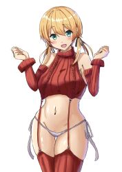Rule 34 | 1girl, absurdres, blonde hair, chan (akuty ikkot), cowboy shot, detached sleeves, garter straps, green eyes, hair ribbon, highres, kantai collection, long hair, meme attire, navel, panties, prinz eugen (kancolle), red sweater, red thighhighs, ribbed sweater, ribbon, side-tie panties, simple background, sleeveless, sleeveless sweater, smile, solo, sweater, thigh gap, thighhighs, twintails, underwear, virgin destroyer sweater, w arms, white background, white panties