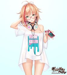 Rule 34 | 1girl, antenna hair, areola slip, arm behind head, bare shoulders, blonde hair, blouse, blush, bob cut, breasts, clothes writing, collar, commentary request, cowboy shot, digital media player, english text, gang of heaven, glasses, gradient background, hand up, headphones, headphones around neck, highres, holding, logo, long shirt, looking at viewer, medium breasts, multicolored hair, no pants, off shoulder, official art, open mouth, panties, print shirt, re:shimashima, red hair, see-through, shirt, short hair, solo, standing, underwear, white shirt, wire