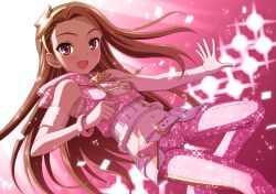 Rule 34 | 1girl, :d, belt, bracelet, brown hair, fur trim, hairband, highres, hood, hoodie, idolmaster, idolmaster (classic), jewelry, long hair, midriff, minase iori, navel, necklace, nokia (harusion), open mouth, pants, pink eyes, pink pants, sleeveless, sleeveless hoodie, smile, solo, sparkle, wristband