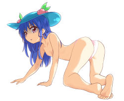 Rule 34 | 1girl, all fours, ass, barefoot, blue hair, feet, flat chest, food, fruit, hat, highres, hinanawi tenshi, long hair, naegi (naegidokoro), nipples, panties, peach, pink eyes, pink panties, soles, solo, toes, topless, touhou, underwear, underwear only