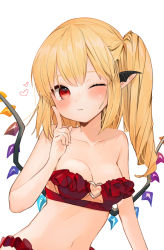 Rule 34 | 1girl, bad id, bad twitter id, bare shoulders, bat wings, bikini, blonde hair, blush, breasts, cleavage, closed mouth, collarbone, commentary, crystal, eyelashes, fang, flandre scarlet, frilled bikini, frills, gotou (nekocat), hair between eyes, head wings, heart, highres, index finger raised, long hair, looking at viewer, medium breasts, medium hair, navel, no headwear, o-ring, o-ring bikini, o-ring top, one eye closed, pointy ears, red bikini, red eyes, side ponytail, sidelocks, simple background, skin fang, small breasts, solo, standing, stomach, strapless, strapless bikini, sweatdrop, swimsuit, symbol-only commentary, touhou, white background, wings