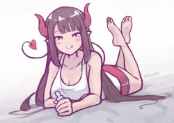 Rule 34 | absurdres, bad link, blush, breasts, brown hair, cleavage, copyright request, feet, giant, giantess, highres, horns, mini person, miniboy, shirt, tail, tongue, tongue out, white shirt