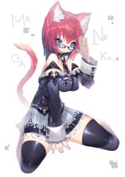 Rule 34 | animal ear fluff, animal ears, bare shoulders, blue eyes, cat ears, cat tail, detached collar, glasses, highres, kneeling, looking at viewer, mamuru, necktie, original, red hair, short hair, simple background, sitting, smile, solo, strapless, tail, thighhighs, wariza, white background