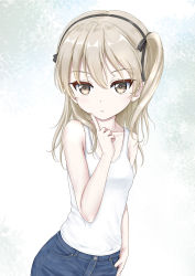 Rule 34 | 1girl, bare arms, bare shoulders, black bow, black hairband, blue pants, bow, breasts, brown eyes, closed mouth, collarbone, commentary request, denim, flipper, girls und panzer, hair between eyes, hair bow, hairband, hand up, highres, index finger raised, jeans, light brown hair, long hair, looking at viewer, one side up, pants, shimada arisu, small breasts, solo, tank top, white tank top