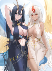 Rule 34 | 2girls, arm behind head, armpits, azur lane, bare arms, bare shoulders, black dress, black hair, blue eyes, breast curtains, breasts, center opening, chain, covered erect nipples, dress, golden hind (azur lane), hair between eyes, highres, horns, large breasts, long hair, looking at viewer, multiple girls, navel, parted lips, qing wu, red eyes, sao martinho (azur lane), side slit, sleeveless, sleeveless dress, smile, tentacles, white dress, white hair