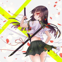 Rule 34 | 1girl, 515m, black hair, dual wielding, female focus, highres, holding, katana, long hair, looking at viewer, original, petals, pleated skirt, red eyes, skirt, solo, sword, torn clothes, weapon, wind