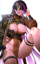 Rule 34 | 1girl, absurdres, adjusting eyewear, belt, black belt, black jacket, breasts, brown dress, chain, chest belt, chest harness, chinese clothes, cleavage, cleavage cutout, clothing cutout, colored inner hair, covered navel, dragon print, dress, earrings, gold chain, hanfu, harness, highres, jacket, jewelry, kuroi suna, large breasts, leg up, long hair, long sleeves, looking at viewer, multicolored hair, original, panties, pelvic curtain, purple-tinted eyewear, purple eyes, purple hair, purple lips, purple nails, revealing clothes, ring, round eyewear, scoop neck, see-through, see-through cleavage, simple background, skindentation, solo, streaked hair, string panties, sunglasses, tassel, tassel earrings, thigh belt, thigh strap, tinted eyewear, underwear, very long hair, white background