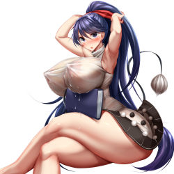 Rule 34 | 1girl, alternate hairstyle, armpits, arms up, blush, book, breasts, crossed legs, doremy sweet, dress, feet out of frame, highres, huge breasts, kawahagi-tei, lactation, long hair, looking at viewer, open mouth, pom pom (clothes), ponytail, purple eyes, purple hair, see-through, simple background, solo, tail, tapir tail, thighs, touhou, very long hair, white background, white dress