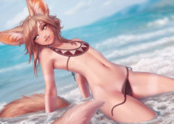 Rule 34 | 1girl, animal ear fluff, animal ears, bikini, commentary, ear piercing, english commentary, flat chest, fox ears, fox tail, highres, khiara (personal ami), leaning back, light brown hair, long hair, looking away, navel, original, parted lips, partially submerged, personal ami, piercing, side-tie bikini bottom, smile, solo, stomach, swimsuit, tail, untied bikini, water, yellow eyes