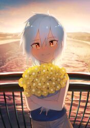 Rule 34 | 1girl, absurdres, artist name, backlighting, blue shirt, bouquet, closed mouth, commentary, commentary request, cowboy shot, english commentary, fence, fisheye, flower, flower request, hair between eyes, highres, holding, holding bouquet, inami hatoko, looking at viewer, mixed-language commentary, original, red eyes, river, shirakami musubu (inami hatoko), shirt, solo, white hair, yellow flower