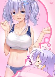 Rule 34 | 1girl, absurdres, ahoge, alternate breast size, amairo islenauts, bare arms, blue bow, blue buruma, blue eyes, blue hair, blunt bangs, blush, blush stickers, bow, breasts, buruma, butterfly hair ornament, chibi, chibi inset, cleavage, closed eyes, collarbone, commentary request, commission, cowboy shot, dreaming, drooling, eyelashes, eyes visible through hair, fumimaru, hair bow, hair ornament, hair ribbon, hands up, highres, large breasts, lips, looking at viewer, lower teeth only, lying, medium hair, midriff, mouth drool, navel, on side, open mouth, pink background, ribbon, shiraga airi, sidelocks, signature, simple background, skeb commission, smile, solo, sports bikini, standing, stomach, teeth, thought bubble, track uniform, twintails, under covers, white ribbon, zzz
