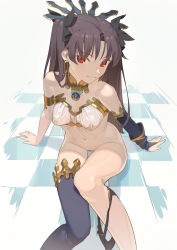 Rule 34 | 1girl, armlet, bikini, bikini pull, black hair, black thighhighs, bracelet, breasts, checkered floor, clothes pull, covered erect nipples, detached sleeves, earrings, fate/grand order, fate (series), gold trim, hair ribbon, highres, hoop earrings, ishtar (fate), jewelry, long hair, looking at viewer, maebari, medium breasts, mismatched bikini, neck ring, parted bangs, pasties, red eyes, ribbon, see-through, single detached sleeve, single thighhigh, sitting, smile, solo, star pasties, swimsuit, thighhighs, thighlet, thighs, tiara, timbougami, two side up
