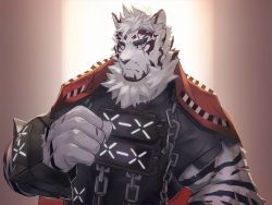 Rule 34 | 1boy, animal ears, arknights, bara, black shirt, chain, chained, cuffs, fluffy, furry, furry male, handcuffs, highres, looking at viewer, making-of available, male focus, mountain (arknights), mugshot, muscular, muscular male, official alternate costume, prison clothes, scar, scar across eye, scar on arm, scar on face, shirt, shishimi (shishimi443), short hair, solo, thick eyebrows, tiger boy, tiger ears, upper body, white fur, white hair