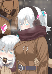 Rule 34 | 1boy, 1girl, absurdres, ball gag, belt, black collar, blue eyes, blurry, blurry background, blush, breath, brown coat, chocolate, coat, collar, covered mouth, dawalixi, earbuds, earmuffs, earphones, fingernails, gag, hair between eyes, half-closed eyes, heart, highres, long hair, melting, o-ring, open mouth, original, outdoors, ponytail, restrained, scarf, scarf over mouth, snow, snowing, spoken heart, teeth, upper teeth only, white hair, x-ray