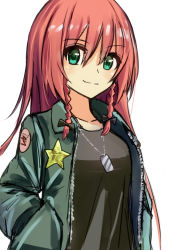 Rule 34 | 1girl, alternate costume, black bow, black shirt, bow, braid, dog tags, green eyes, green jacket, hair bow, hands in pockets, hasu (lausdys), highres, hong meiling, jacket, long hair, looking at viewer, no headwear, red hair, shirt, simple background, smile, solo, star (symbol), touhou, twin braids, white background