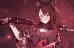 Rule 34 | 1girl, animal ear fluff, animal ears, antique firearm, bayonet, blue archive, brown hair, fangs, firearm, fox ears, fox girl, gun, hakuhatsu, halo, highres, holding, holding gun, holding weapon, japanese clothes, kimono, long hair, long sleeves, looking at viewer, nail polish, obi, open mouth, red nails, sailor collar, sash, sidelocks, slit pupils, smile, solo, swept bangs, upper body, wakamo (blue archive), weapon, wide sleeves, yellow eyes
