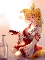 Rule 34 | 1girl, ahoge, alcohol, animal ear fluff, animal ears, black ribbon, blonde hair, blush, bottle, breasts, cleavage, commentary request, cup, detached sleeves, fangs, fox ears, fox tail, full body, hair ornament, hair ribbon, hair scrunchie, hakama, hakama short skirt, hakama skirt, hbb, head tilt, heart, highres, holding, holding cup, japanese clothes, large breasts, long hair, long sleeves, looking at viewer, miko, open mouth, original, pleated skirt, red eyes, red hakama, red ribbon, red skirt, ribbon, ribbon-trimmed sleeves, ribbon trim, scrunchie, sitting, skirt, tail, tongue, tongue out, wariza, white ribbon, white scrunchie, wide sleeves