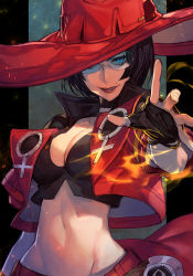 Rule 34 | 1girl, arc system works, black hair, blue-tinted eyewear, blue-tinted glasses, blue eyes, breasts, cleavage, guilty gear, guilty gear strive, hat, hat over one eye, hungry clicker, i-no, large breasts, lips, lipstick, makeup, midriff, mole, navel, one eye covered, short hair, solo, sunglasses, tinted eyewear, witch hat