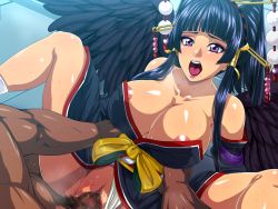 Rule 34 | 1girl, areola slip, bare shoulders, black hair, black wings, blunt bangs, breasts, censored, cleavage, clothed female nude male, clothing aside, collarbone, dead or alive, dead or alive 5, eyeliner, feathered wings, hair ornament, hair stick, hairpin, japanese clothes, large breasts, legs, long hair, lying, makeup, mole, mole under mouth, mosaic censoring, nude, nyotengu, open mouth, panties, panties aside, penis, purple eyes, pussy, raburebo, sex, solo focus, spread legs, thighs, underwear, vaginal, wings