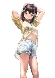 Rule 34 | 1girl, absurdres, black hair, blue eyes, breasts, cowboy shot, emutsuichi, highres, long hair, looking down, original, shirt, short sleeves, shorts, simple background, small breasts, solo, white background, white shorts, yellow shirt