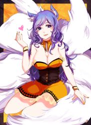 Rule 34 | 1girl, ahri (league of legends), alternate costume, animal ears, bare shoulders, black hair, breasts, cleavage, collarbone, facial mark, fang, fox ears, fox tail, halloween, halloween costume, heart, highres, large breasts, league of legends, lips, long hair, multiple tails, nail polish, slit pupils, solo, tail, whisker markings, xiao jian, yellow eyes