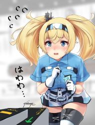 Rule 34 | 1girl, blonde hair, blue eyes, blue shirt, breast pocket, breasts, collared shirt, commentary, commentary request, flying sweatdrops, gambier bay (kancolle), hair between eyes, hairband, kantai collection, large breasts, long hair, natsunoyuu, nervous, open mouth, pocket, shirt, short sleeves, shorts, solo, thighhighs, ticket, turnstile, twintails, white shorts