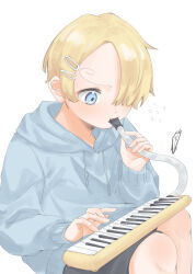Rule 34 | 1boy, aged down, alternate costume, black shorts, blonde hair, blue eyes, blue hoodie, child, commentary, curly eyebrows, hair ornament, hair over one eye, hairclip, highres, hood, hood down, hoodie, instrument, keyboard (instrument), lily-summer-0607, long bangs, looking at object, looking down, male focus, melodica, music, one piece, playing instrument, sanji (one piece), short hair, shorts, simple background, sitting, translated, white background