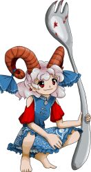 Rule 34 | 1girl, barefoot, blue dress, blue ribbon, blush stickers, closed mouth, dress, earrings, full body, grey hair, holding, holding spork, horn ornament, horn ribbon, horns, jewelry, non-web source, official art, pointy ears, red eyes, red horns, red sleeves, ribbon, short hair, smile, solo, spork, squatting, touhou, toutetsu yuuma, transparent background, unfinished dream of all living ghost, zun (artist)