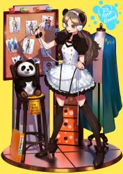 Rule 34 | 1girl, animal ears, board, brown dress, brown hair, brown thighhighs, bukimi isan, chair, check copyright, copyright request, drawing, dress, fake animal ears, frilled dress, frills, full body, high heels, holding, holding knife, knife, panda ears, paper, puffy short sleeves, puffy sleeves, roco moco, shoes, short sleeves, smile, solo, standing, stuffed animal, stuffed panda, stuffed toy, thighhighs, white dress, yellow background, zettai ryouiki