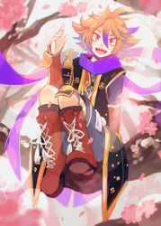 Rule 34 | 10s, 1boy, :d, aonik, armor, boots, brown eyes, brown hair, cherry blossoms, cross-laced footwear, gotou toushirou, highres, in tree, japanese armor, kiwame (touken ranbu), kote, lace-up boots, male focus, multicolored hair, open mouth, petals, scarf, shorts, shoulder armor, sitting, smile, sode, streaked hair, touken ranbu, tree