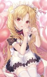 Rule 34 | 1girl, alternate costume, apron, balloon, black dress, blonde hair, blush, bow, bowtie, breasts, center frills, commentary request, dress, earrings, enmaided, ereshkigal (fate), fate/grand order, fate (series), frills, hair ornament, hands up, heart, heart balloon, heart earrings, heart hands, highres, jewelry, long hair, looking at viewer, maid, maid headdress, nattsu (nattu888 8), open mouth, parted bangs, puffy short sleeves, puffy sleeves, red bow, red eyes, short dress, short sleeves, sitting, skull hair ornament, small breasts, solo, thighhighs, two side up, waist apron, white apron, white thighhighs, zettai ryouiki