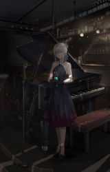 Rule 34 | 1girl, alternate costume, an-94 (girls&#039; frontline), an-94 (silent rouge) (girls&#039; frontline), black dress, black footwear, black gloves, blue eyes, breasts, chinese commentary, closed mouth, cup, dress, full body, girls&#039; frontline, gloves, grey hair, holding, holding cup, instrument, light particles, long dress, looking at viewer, mai (xskdizzy), medium hair, official alternate costume, piano, shadow, small breasts, standing