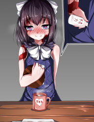 Rule 34 | 1girl, bare shoulders, black hair, blue eyes, blush, bottle, burn scar, cup, cut-in, dorei to no seikatsu ~teaching feeling~, flat chest, full-face blush, hair ribbon, heart, heart-shaped pupils, highres, holding tray, ribbon, sleeveless, smile, solo, steam, sylvie (dorei to no seikatsu), symbol-shaped pupils, tray, yes, zuo wei er