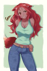 Rule 34 | 1girl, animal ears, arms behind back, bare shoulders, belt, blue pants, breasts, brown eyes, cleavage, collarbone, commentary, fanny pack, fox ears, fox tail, green background, green tank top, grimace, highres, long hair, looking at viewer, medaman, pants, solo, standing, tail, tank top, terraria, zoologist (terraria)