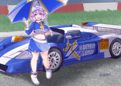 Rule 34 | 1girl, :d, adapted costume, ahoge, blue eyes, blue shirt, blue skirt, breasts, car, commentary request, crop top, grass, hensheru, high heels, holding, holding umbrella, large breasts, letty whiterock, long sleeves, looking at viewer, motor vehicle, navel, open mouth, outdoors, purple hair, race queen, race vehicle, racecar, shirt, short hair, signature, skirt, smile, socks, solo, touhou, umbrella, white socks